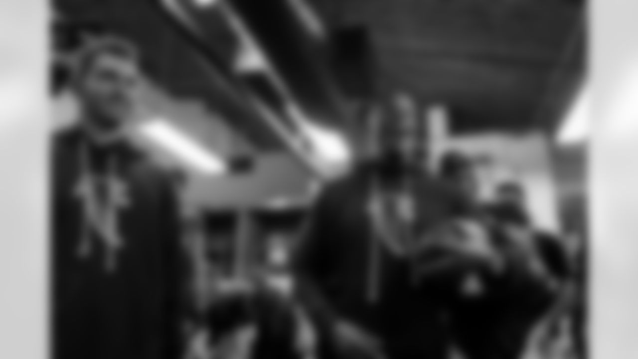 Atlanta Falcons head coach Raheem Morris celebrates in the locker room during the Week 15 Game against the Tampa Bay Buccaneers at Raymond James Stadium in Tampa, Florida on Thursday, December 11, 2025. (Photo by Jay Bendlin/Atlanta Falcons)