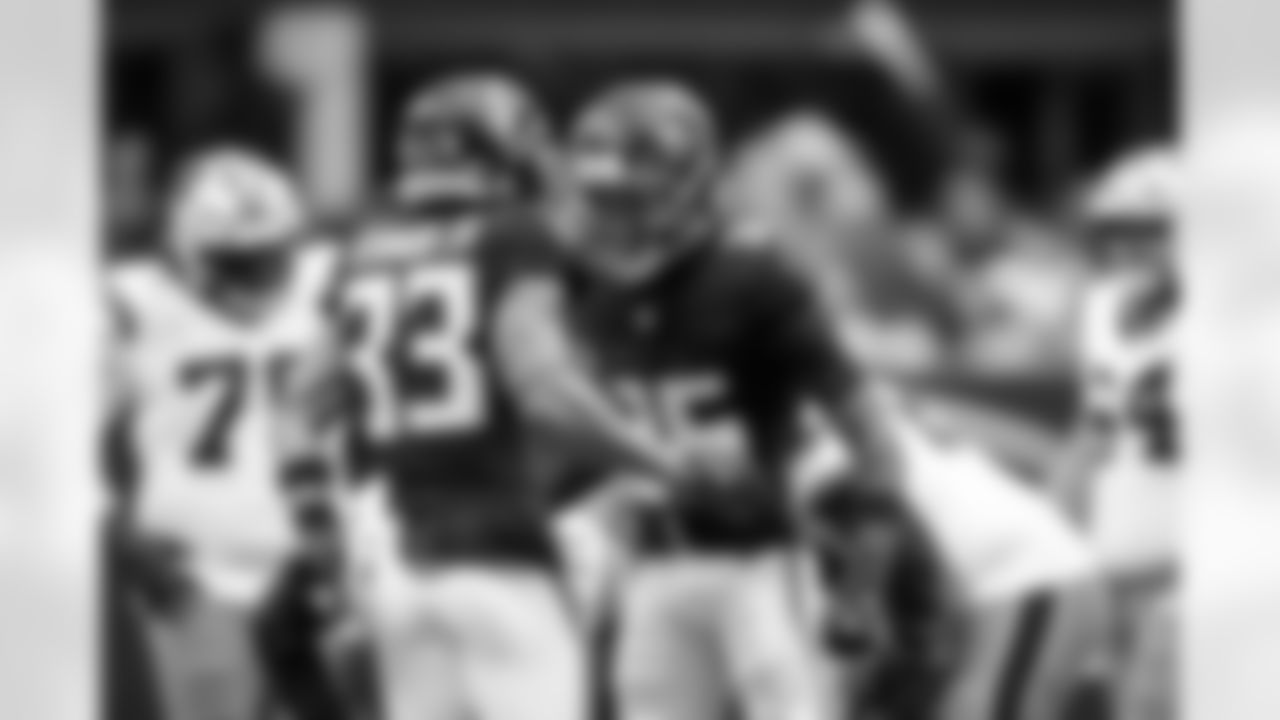 Atlanta Falcons defensive back Billy Bowman Jr. #33 celebrates a sack with Atlanta Falcons cornerback Natrone Brooks #35 during the Week 11 Game against the Carolina Panthers at Mercedes-Benz Stadium in Atlanta, Georgia on Sunday, November 16, 2025. (Photo by Kevin Liles/Atlanta Falcons)