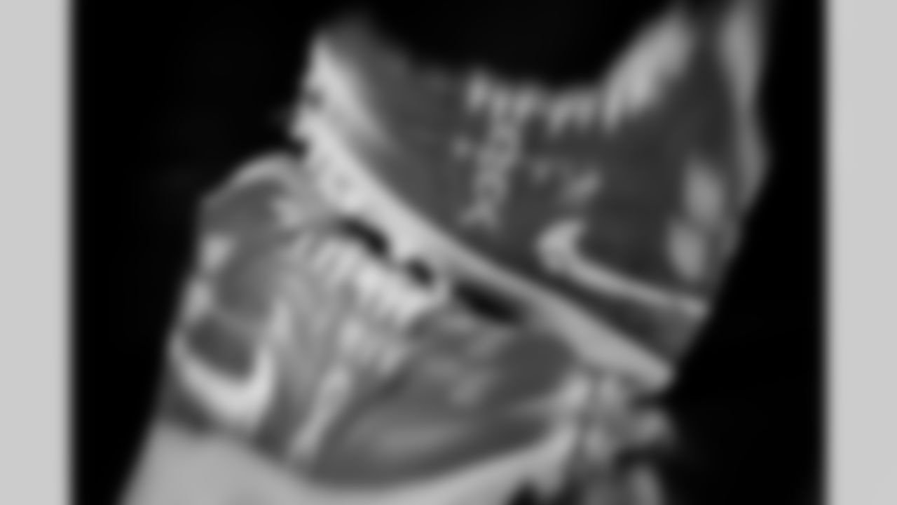 Photos of Atlanta Falcons defensive lineman Ruke Orhorhoro #98's cleats for My Cause My Cleats at the Atlanta Falcons Training Facility in Flowery Branch, Ga. on Monday, November 17, 2025. (Photo by Taylor McLaughlin/Atlanta Falcons)