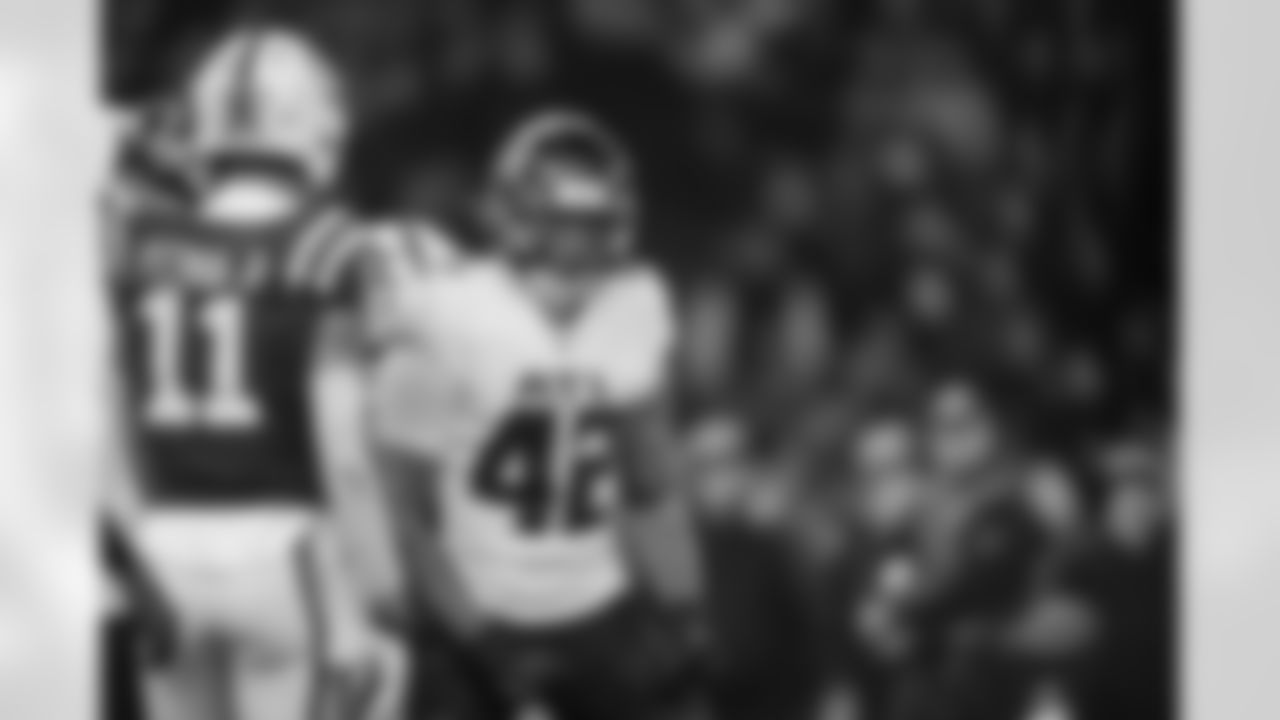 Atlanta Falcons linebacker Josh Woods #42 reacts during the Week 10 Game against the Indianapolis Colts at Olympic Stadium in Berlin, Germany on Sunday, November 9, 2025. (Photo by Brandon Magnus/Atlanta Falcons)