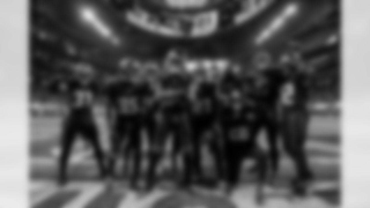 Atlanta Falcons cornerback Mike Hughes #21 celebrates with teammates after making an interception during the Week 14 Game against the Seattle Seahawks at Mercedes-Benz Stadium in Atlanta, Georgia on Sunday, December 7, 2025. (Photo by Mitch Martin/Atlanta Falcons)