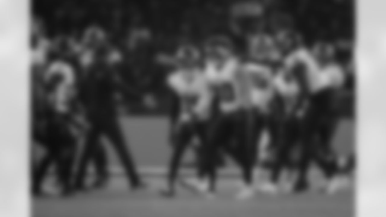 Atlanta Falcons inside linebacker JD Bertrand #40 celebrates with teammates after a fourth down stop during the third quarter of the Week 10 Game against the Indianapolis Colts at Olympic Stadium in Berlin, Germany on Sunday, November 9, 2025. (Photo by Taylor McLaughlin/Atlanta Falcons)