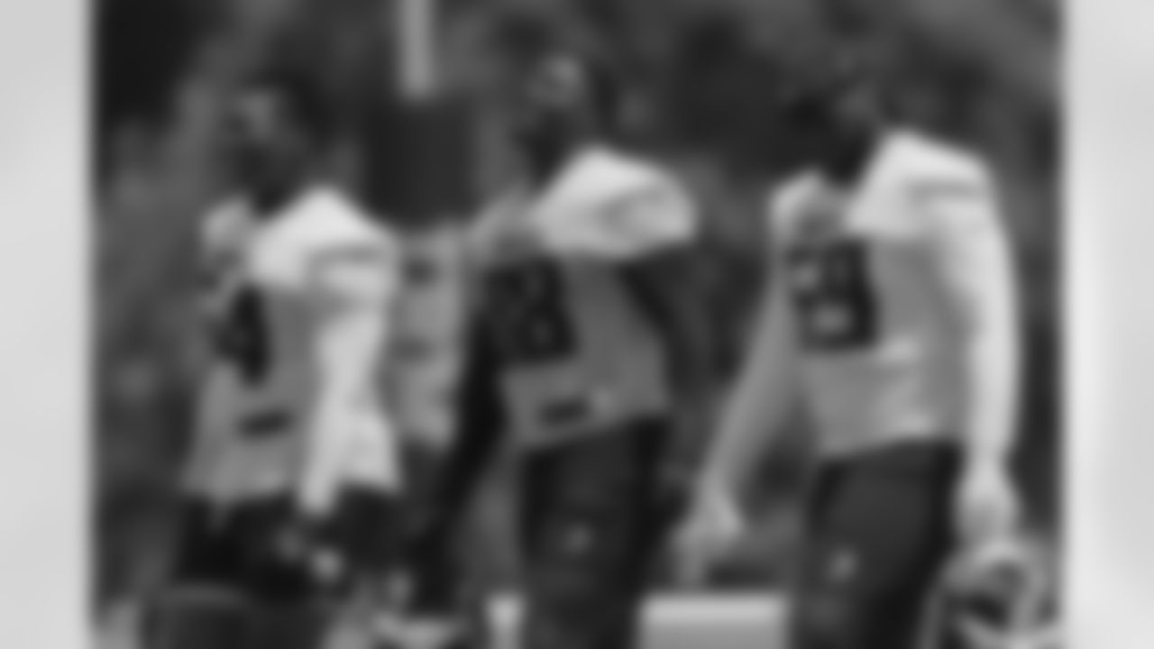Brandon Dorlus, Ruke Orhorhoro, and Zion Logue during the 2024 Rookie Minicamp at the Atlanta Falcons Training Facility in Flowery Branch, Georgia, on Friday, May 10, 2024. (Photo by Shanna Lockwood/Atlanta Falcons)