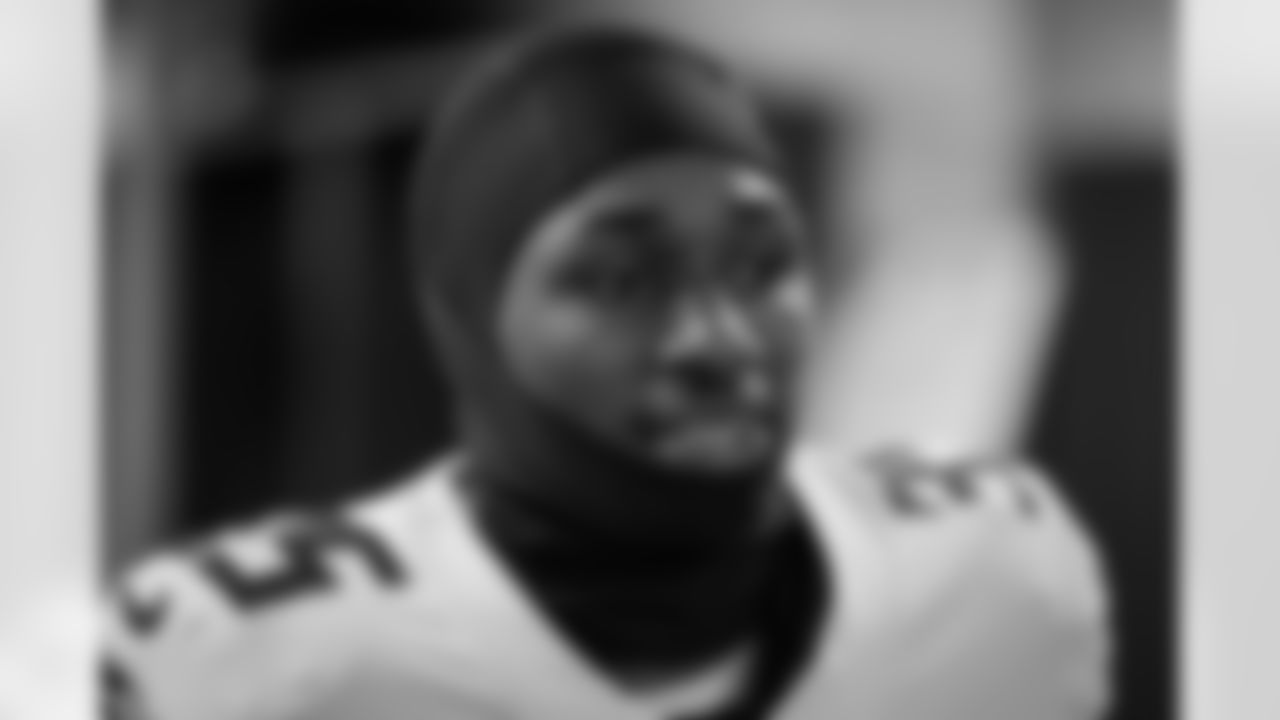 Atlanta Falcons cornerback Natrone Brooks #35 gets ready in the locker room before the Week 9 Game against the New England Patriots at Gillette Stadium in Foxborough, Massachusetts on Sunday, November 2, 2025. (Photo by Jay Bendlin/Atlanta Falcons)