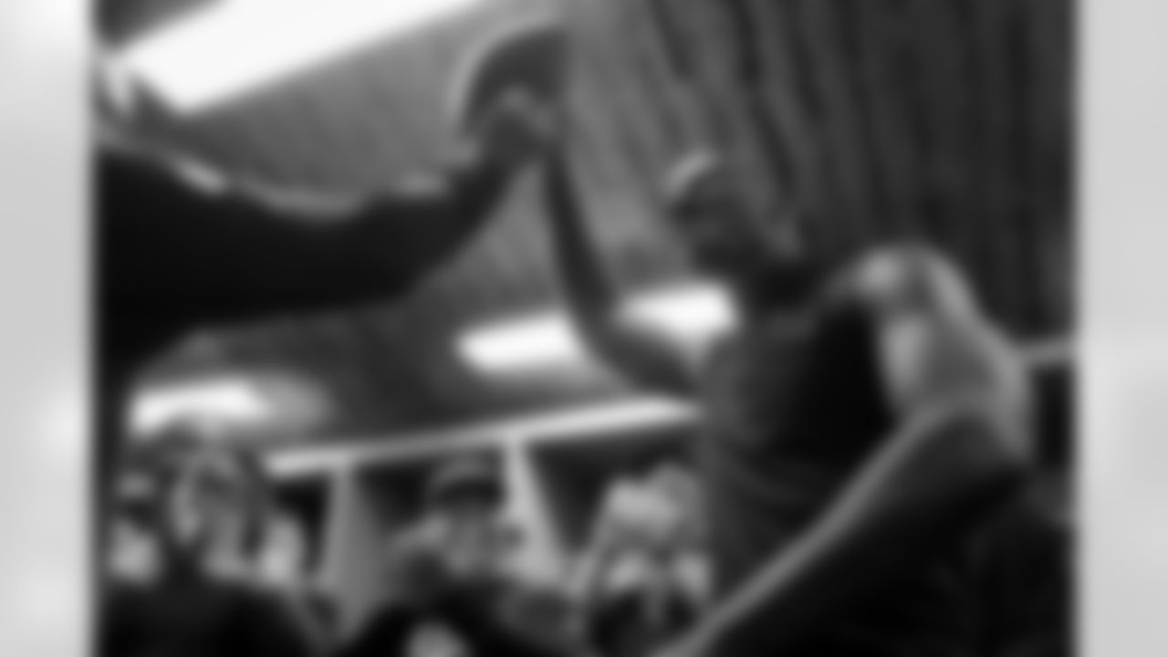 Atlanta Falcons tight end Kyle Pitts Sr. #8 celebrates in the locker room during the Week 15 Game against the Tampa Bay Buccaneers at Raymond James Stadium in Tampa, Florida on Thursday, December 11, 2025. (Photo by Jay Bendlin/Atlanta Falcons)