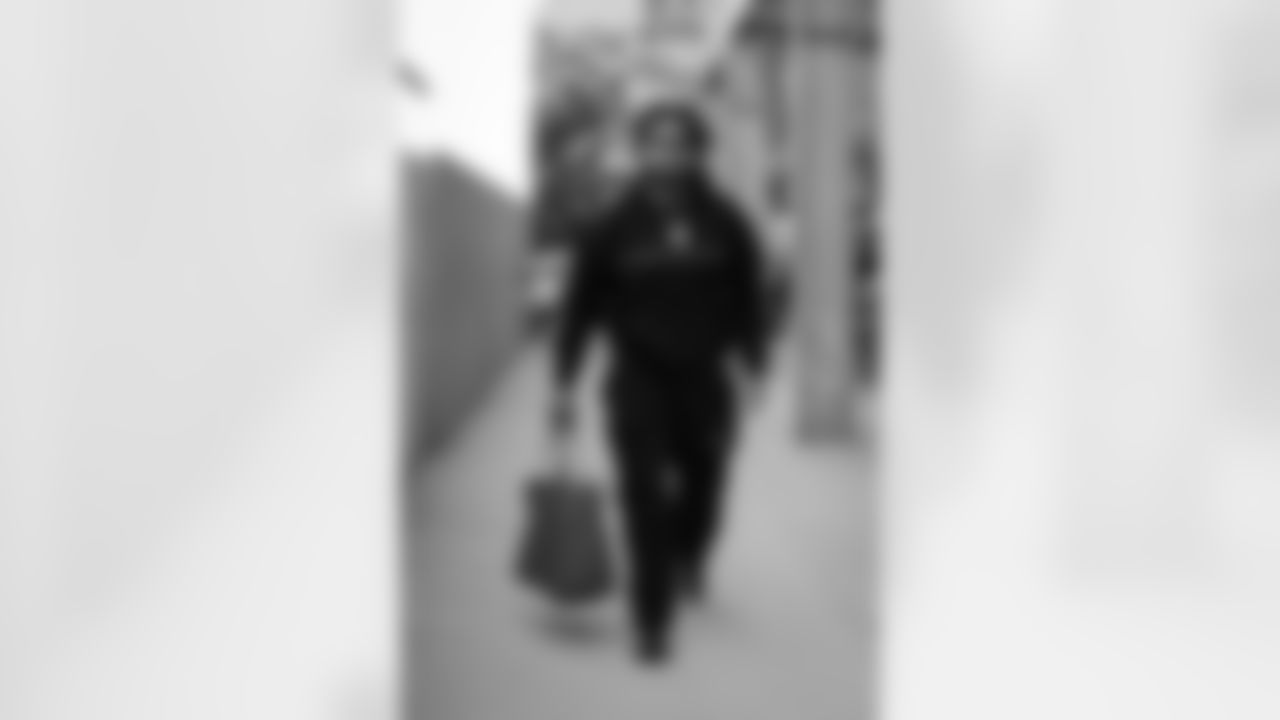 Atlanta Falcons linebacker Josh Woods #42 arrives before the Week 6 Game against the Buffalo Bills at Mercedes-Benz Stadium in Atlanta, Georgia on Monday, October 13, 2025. (Photo by Jay Bendlin/Atlanta Falcons)