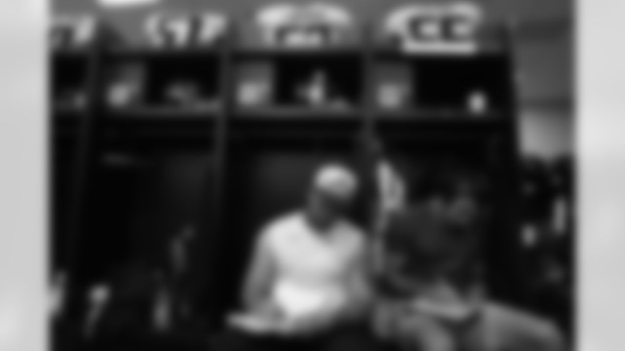 Atlanta Falcons inside linebacker Nate Landman #53 and linebacker Kaden Elliss #55 in the locker room prior to the Week 6 Game against the Carolina Panthers at Bank of America Stadium in Charlotte, North Carolina on Sunday, October 13, 2024. (Photo by Brandon Magnus/Atlanta Falcons)