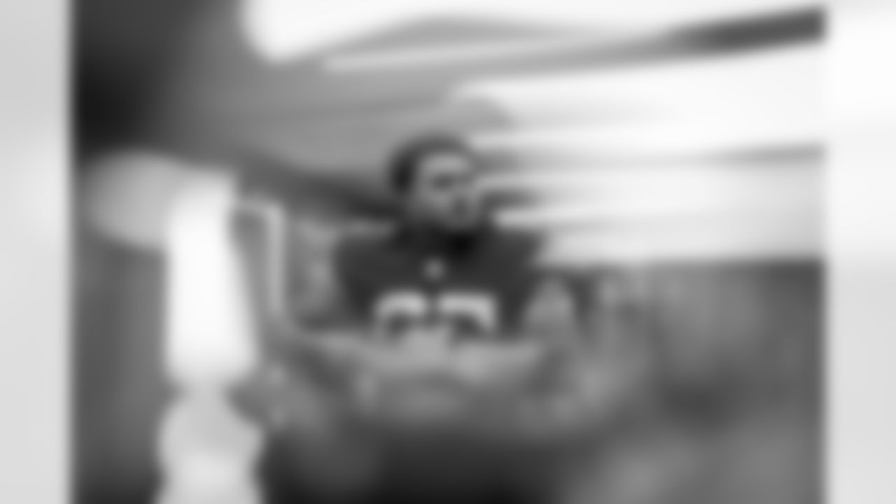 Atlanta Falcons running back Tyler Allgeier #25 prepares in the locker room before the Week 17 Game against the Los Angeles Rams at Mercedes-Benz Stadium in Atlanta, Georgia on Monday, December 29, 2025. (Photo by Jay Bendlin/Atlanta Falcons)