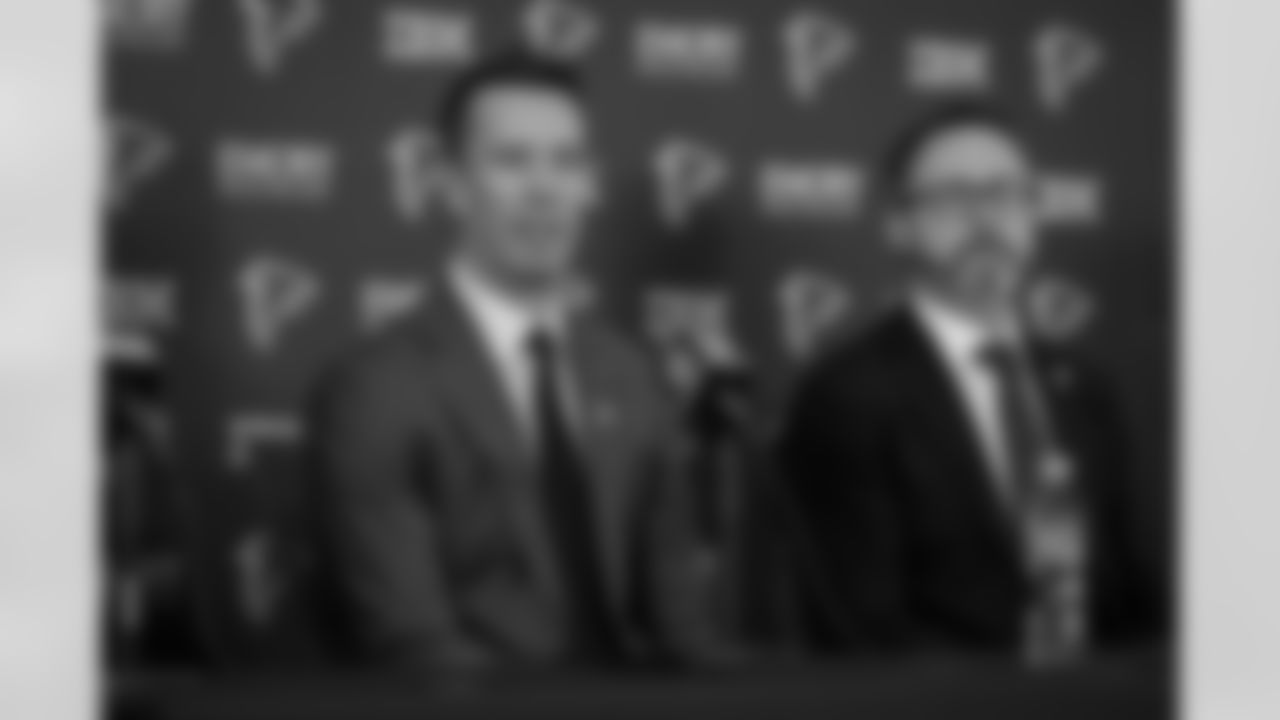 Matt Ryan, Greg Beadles, and Arthur Blank at the press conference at the Atlanta Falcons Training Facility in Flowery Branch, Ga. On Tuesday, January 13, 2026.(Photo by Taylor McLaughlin/Atlanta Falcons)