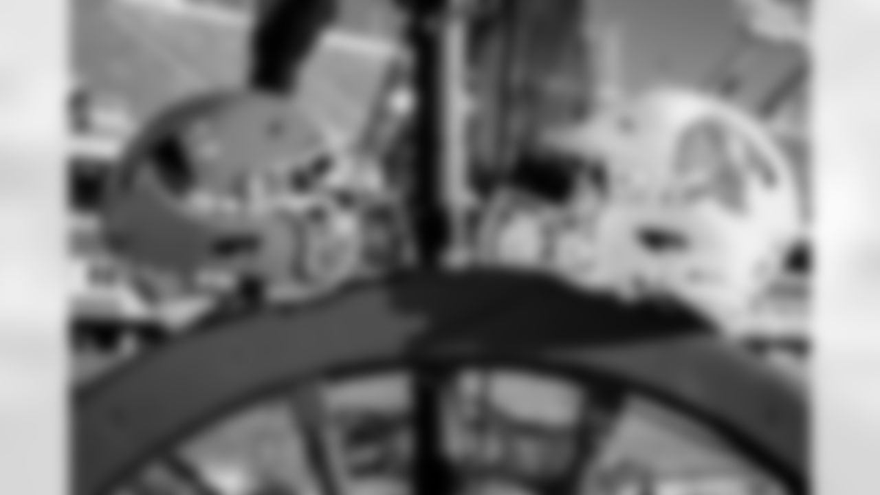 General view of helmets before during the Week 15 Game against the Tampa Bay Buccaneers at Raymond James Stadium in Tampa, Florida on Thursday, December 11, 2025. (Photo by Jay Bendlin/Atlanta Falcons)