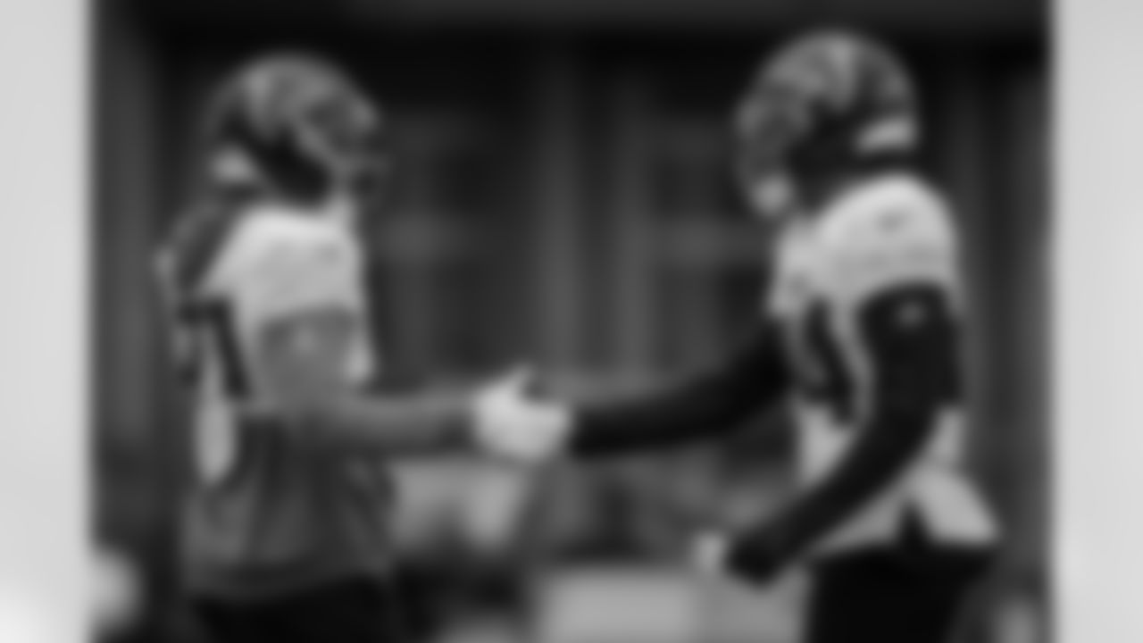 Atlanta Falcons safety Xavier Watts #31 and Atlanta Falcons cornerback A.J. Terrell Jr. #24 during practice at Atlanta Falcons Training Facility in Flowery Branch, Georgia, on Thursday, December 4, 2025. (Photo by Taylor McLaughlin/Atlanta Falcons)