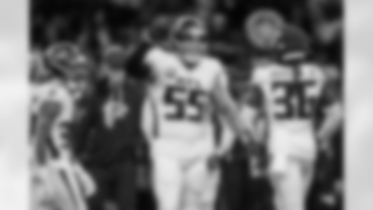 Atlanta Falcons inside linebacker Kaden Elliss #55 reacts during the Week 12 Game against the New Orleans Saints at Caesars Superdome in New Orleans, Louisiana on Sunday, November 23, 2025. (Photo by Jay Bendlin/Atlanta Falcons)