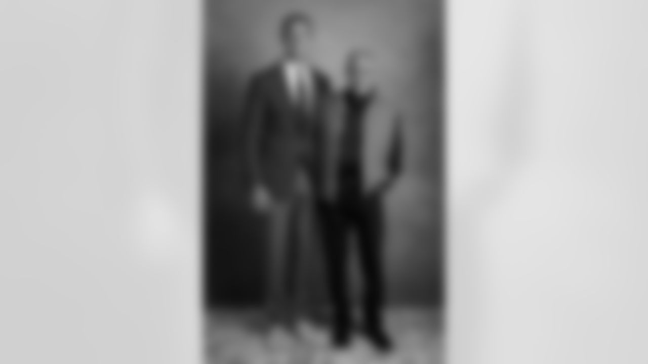 Atlanta Falcons former quarterback Matt Ryan poses for portraits with team owner Arthur Blank in Studio B at Ticketmaster Studios inside the Atlanta Falcons headquarters in Flowery Branch, Georgia, on Monday, April 22, 2024. (Photo by Shanna Lockwood/Atlanta Falcons)