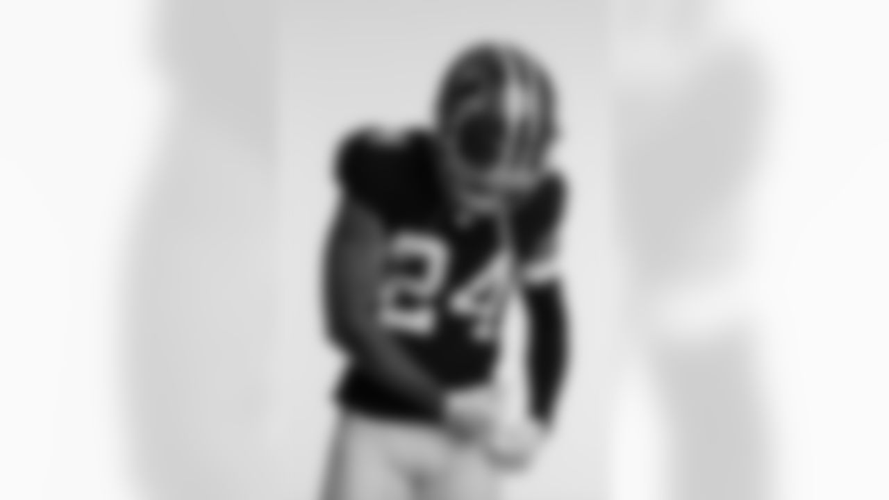 Atlanta Falcons cornerback A.J. Terrell #24 poses for a photo during Throwback Creative Days at the Atlanta Falcons Training Facility in Flowery Branch, Ga. on Wednesday, May 7, 2025. (Photo by Jay Bendlin/Atlanta Falcons)