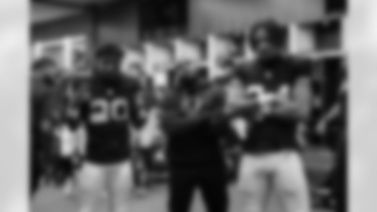 Atlanta Falcons cornerback A.J. Terrell Jr. #24 and Atlanta Falcons cornerback Dee Alford #20 in the locker room after the Week 17 Game against the Los Angeles Rams at Mercedes-Benz Stadium in Atlanta, Georgia on Monday, December 29, 2025. (Photo by Jay Bendlin/Atlanta Falcons)