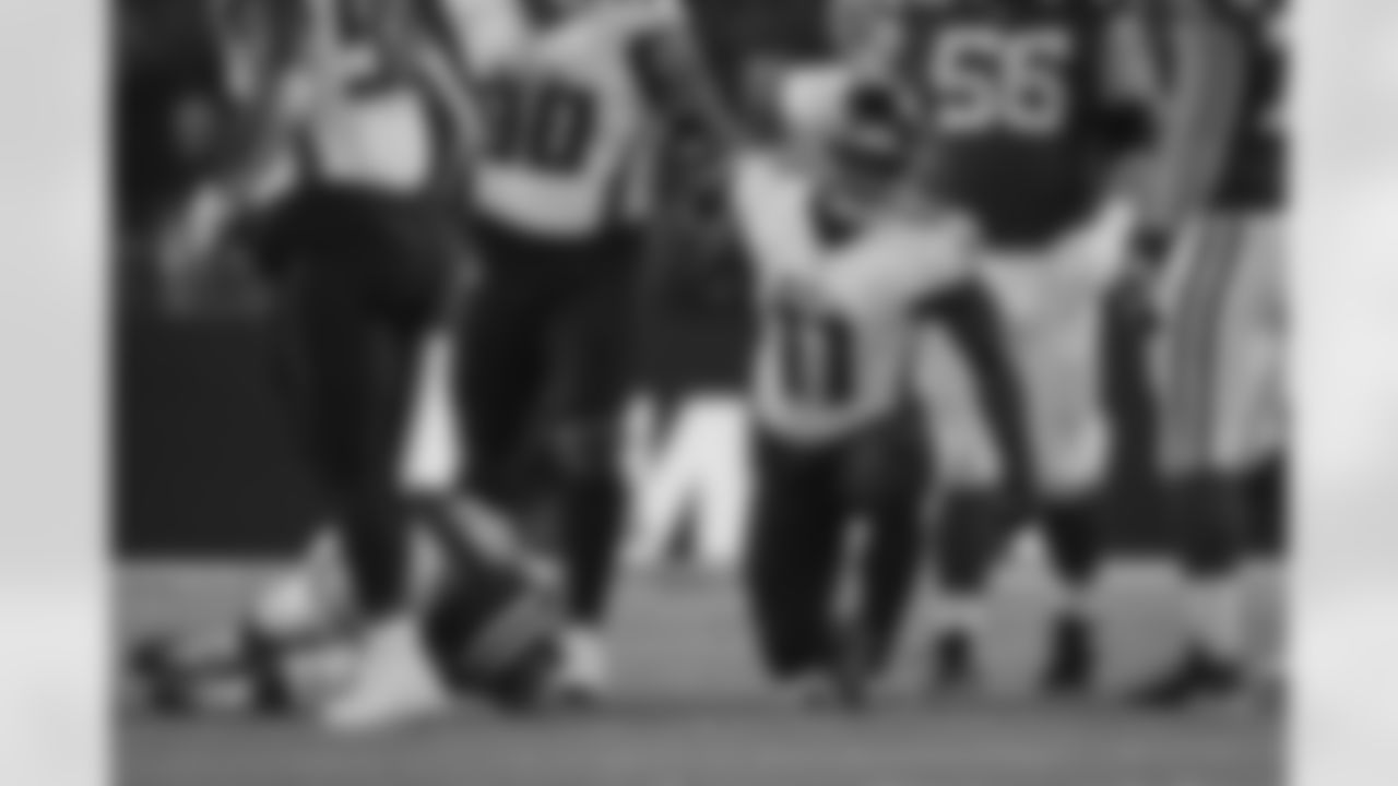 Atlanta Falcons edge rusher Jalon Walker #11 reacts after a sack during the third quarter of the Week 10 Game against the Indianapolis Colts at Olympic Stadium in Berlin, Germany on Sunday, November 9, 2025. (Photo by Taylor McLaughlin/Atlanta Falcons)