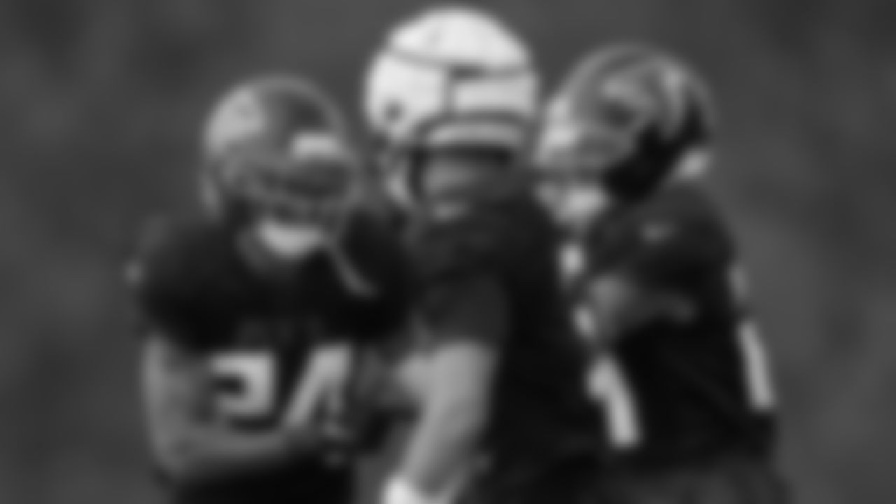 Atlanta Falcons cornerback A.J. Terrell Jr. #24 and Atlanta Falcons safety Jessie Bates III #3 during practice at Atlanta Falcons Training Facility in Flowery Branch, Georgia, on Thursday, November 20, 2025. (Photo by Jay Bendlin/Atlanta Falcons)