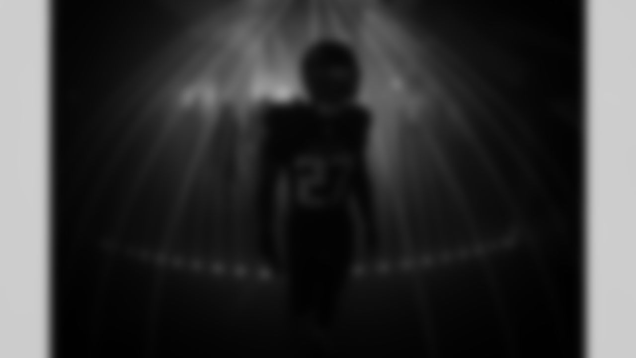 Atlanta Falcons edge rusher James Pearce Jr. #27 walks out before the Week 8 Game against the Miami Dolphins at Mercedes-Benz Stadium in Atlanta, Georgia on Sunday, October 26, 2025. (Photo by Jay Bendlin/Atlanta Falcons)