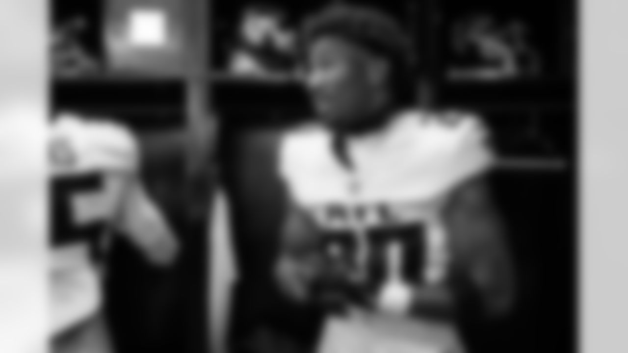 Atlanta Falcons cornerback Dee Alford #20 prepares in the locker room before the Week 3 Game against the Carolina Panthers at Bank of America Stadium in Charlotte, N.C. on Sunday, September 21, 2025. (Photo by Jay Bendlin/Atlanta Falcons)