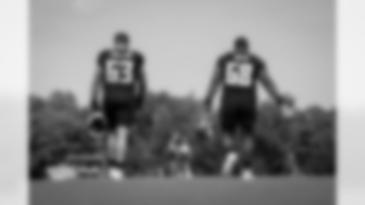 Atlanta Falcons guard Chris Lindstrom #63 and Atlanta Falcons offensive lineman Kyle Hinton #68 during practice at Atlanta Falcons Training Facility in Flowery Branch, Georgia, on Thursday, October 9, 2025. (Photo by Jay Bendlin/Atlanta Falcons)