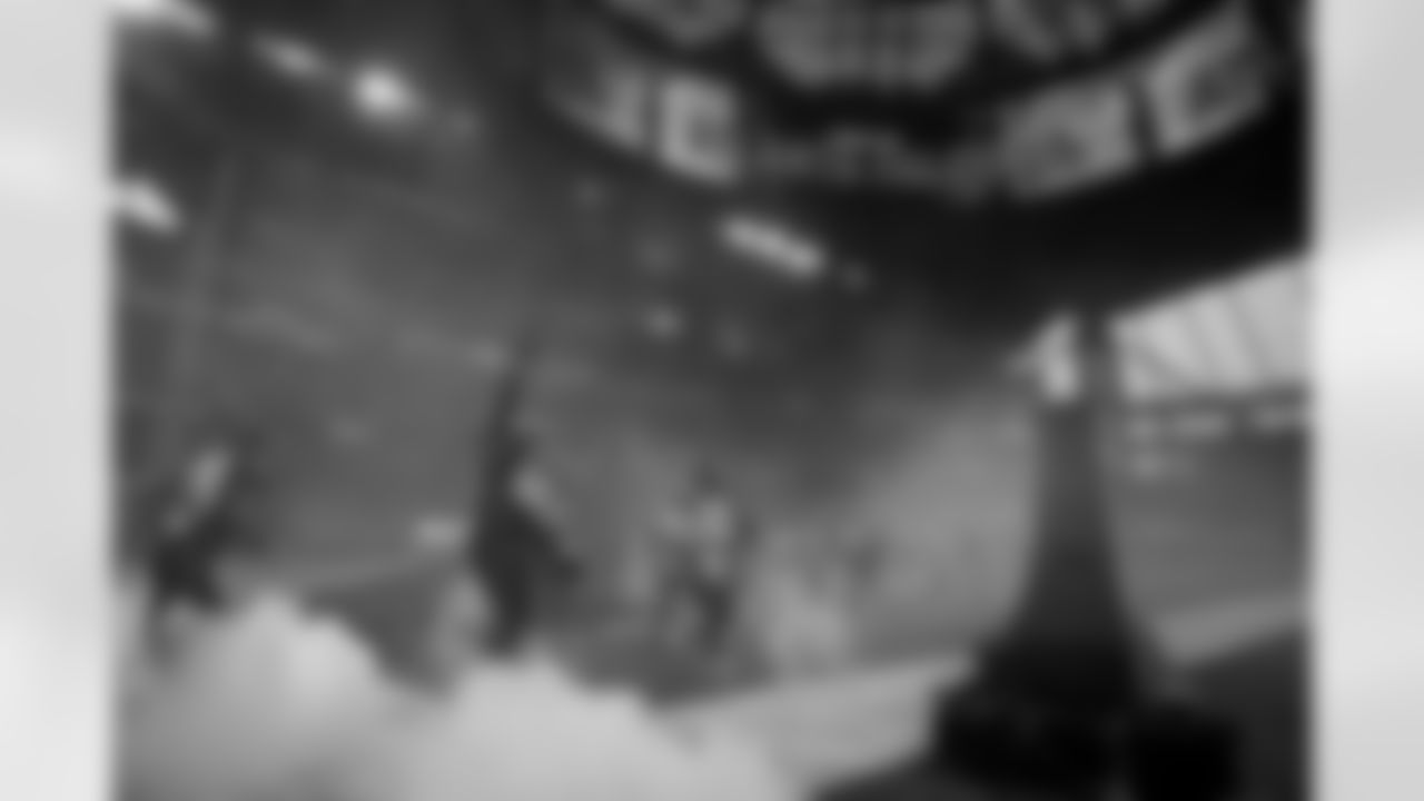 Atlanta Falcons linebacker Josh Woods #42 runs out onto the field before the Week 14 Game against the Seattle Seahawks at Mercedes-Benz Stadium in Atlanta, Georgia on Sunday, December 7, 2025. (Photo by Mitch Martin/Atlanta Falcons)