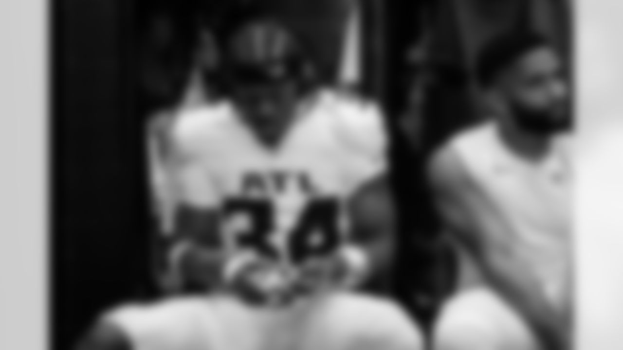 Atlanta Falcons wide receiver Ray-Ray McCloud III #34 prepares in the locker room before the Week 3 Game against the Carolina Panthers at Bank of America Stadium in Charlotte, N.C. on Sunday, September 21, 2025. (Photo by Jay Bendlin/Atlanta Falcons)