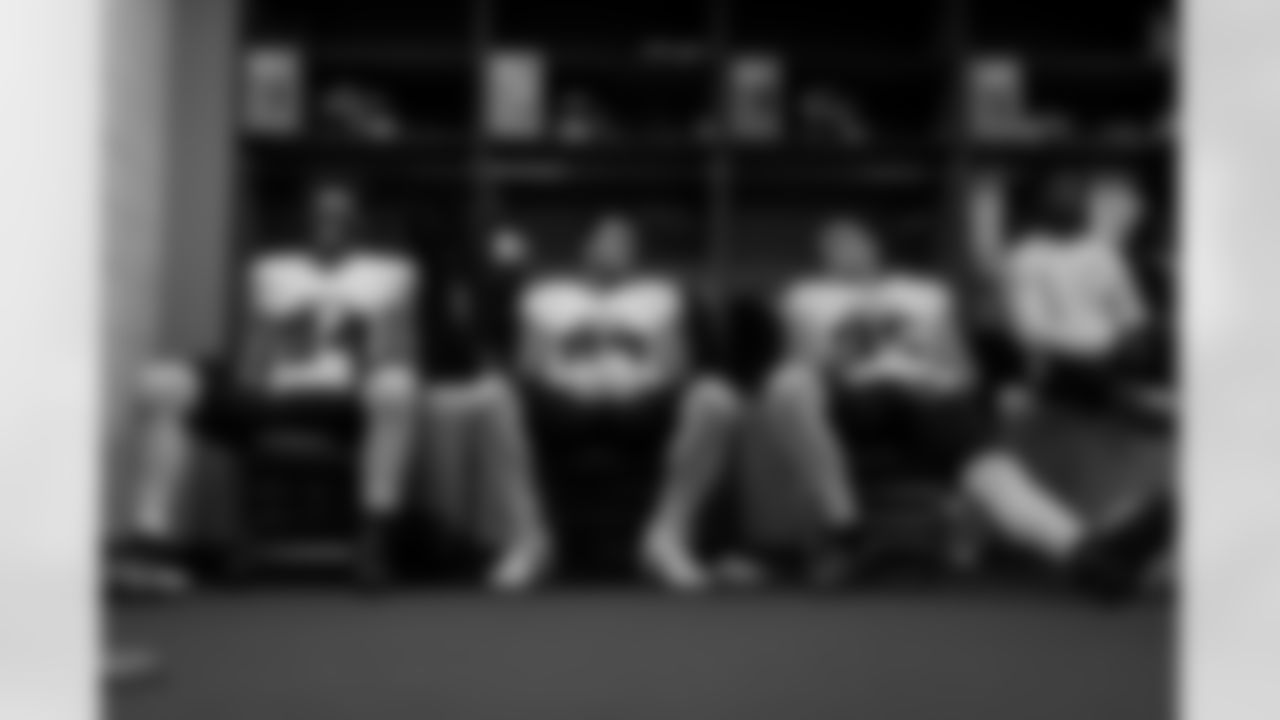 Atlanta Falcons tight end Feleipe Franks #84 , Atlanta Falcons tight end Charlie Woerner #89 and Atlanta Falcons tight end Teagan Quitoriano #85 in the locker room during the Week 7 Game against the San Francisco 49ers at Levi's Stadium in Santa Clara, California on Sunday, October 19, 2025. (Photo by Jay Bendlin/Atlanta Falcons)