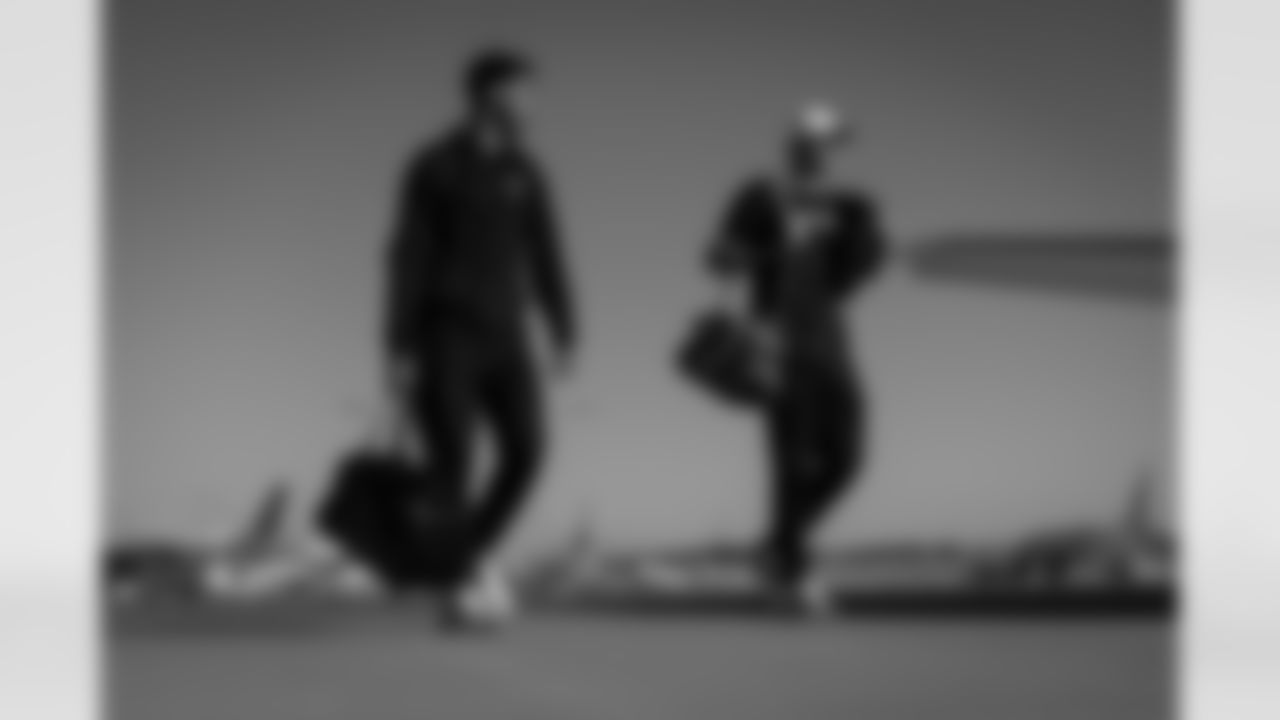 Atlanta Falcons wide receiver David Sills V #87 and Atlanta Falcons wide receiver Dylan Drummond #81 boards the plane at Hartsfield-Jackson International Airport in Atlanta, Ga. on Saturday, December 20, 2025. (Photo by Jay Bendlin/Atlanta Falcons)