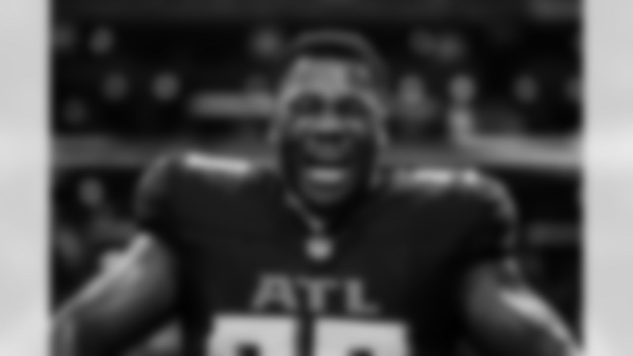 Atlanta Falcons defensive lineman Ruke Orhorhoro #98 reacts before the Week 18 Game against the New Orleans Saints at Mercedes-Benz Stadium in Atlanta, Georgia on Sunday, January 4, 2026. (Photo by AJ Reynolds/Atlanta Falcons)