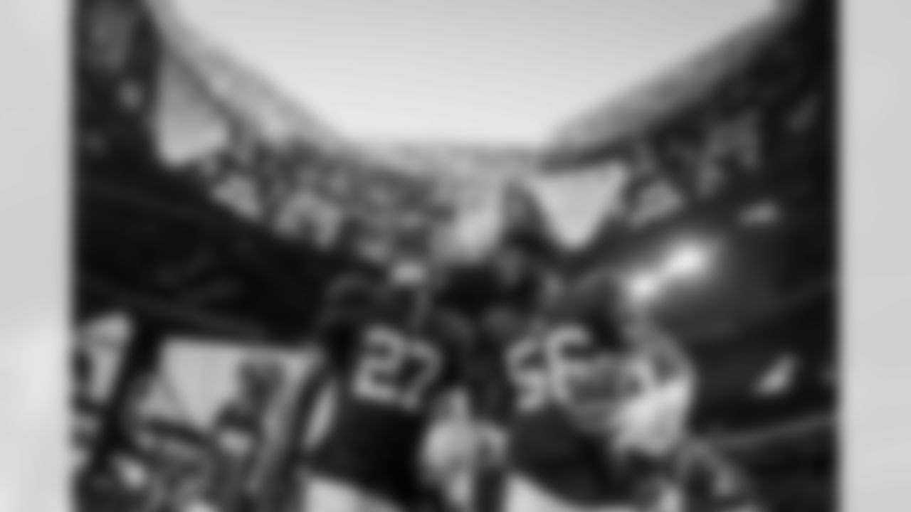 Atlanta Falcons edge rusher James Pearce Jr. #27 and Atlanta Falcons edge rusher Leonard Floyd #56 warms up before the Week 6 Game against the Buffalo Bills at Mercedes-Benz Stadium in Atlanta, Georgia on Monday, October 13, 2025. (Photo by Jay Bendlin/Atlanta Falcons)