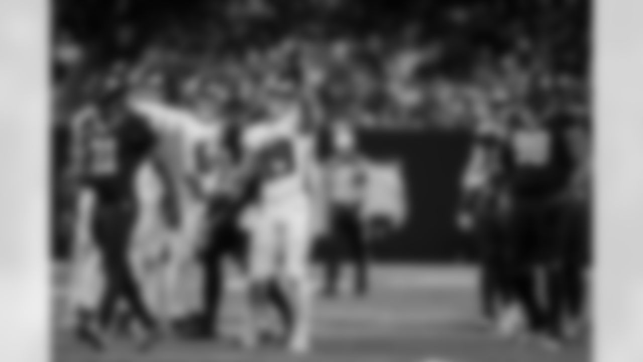 Atlanta Falcons tight end Charlie Woerner #89 reacts during the Week 12 Game against the New Orleans Saints at Caesars Superdome in New Orleans, Louisiana on Sunday, November 23, 2025. (Photo by Taylor McLaughlin/Atlanta Falcons)