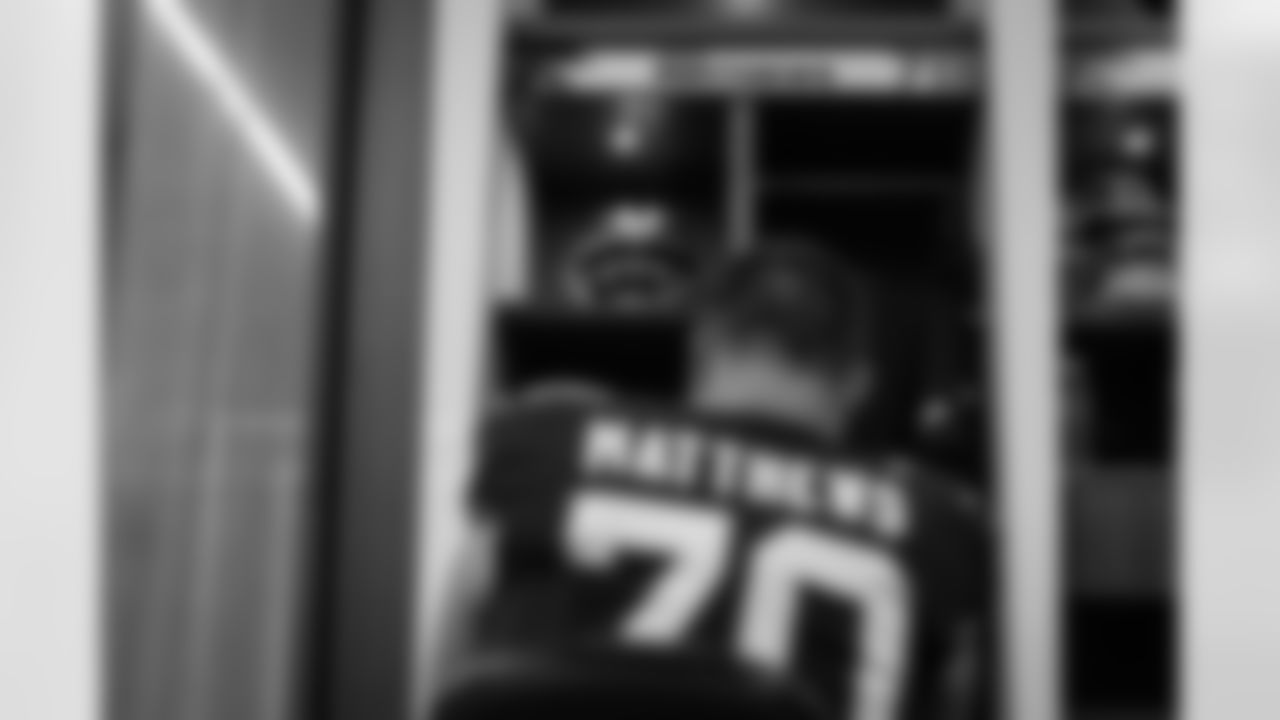 Atlanta Falcons tackle Jake Matthews #70 prepares in the locker room before the Week 6 Game against the Buffalo Bills at Mercedes-Benz Stadium in Atlanta, Georgia on Monday, October 13, 2025. (Photo by Jay Bendlin/Atlanta Falcons)