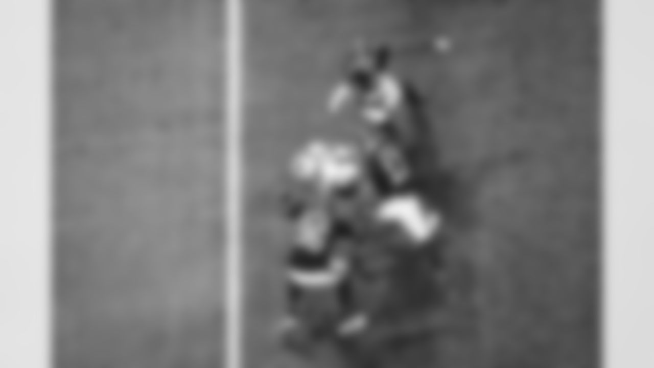 Atlanta Falcons outside linebacker Arnold Ebiketie #17 and Atlanta Falcons defensive lineman Zach Harrison #96 make a tackle during the Week 6 Game against the Buffalo Bills at Mercedes-Benz Stadium in Atlanta, Georgia on Monday, October 13, 2025. (Photo by Kevin Liles/Atlanta Falcons)