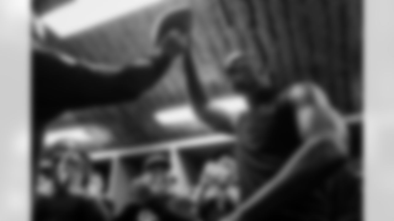 Atlanta Falcons tight end Kyle Pitts Sr. #8 celebrates in the locker room during the Week 15 Game against the Tampa Bay Buccaneers at Raymond James Stadium in Tampa, Florida on Thursday, December 11, 2025. (Photo by Jay Bendlin/Atlanta Falcons)