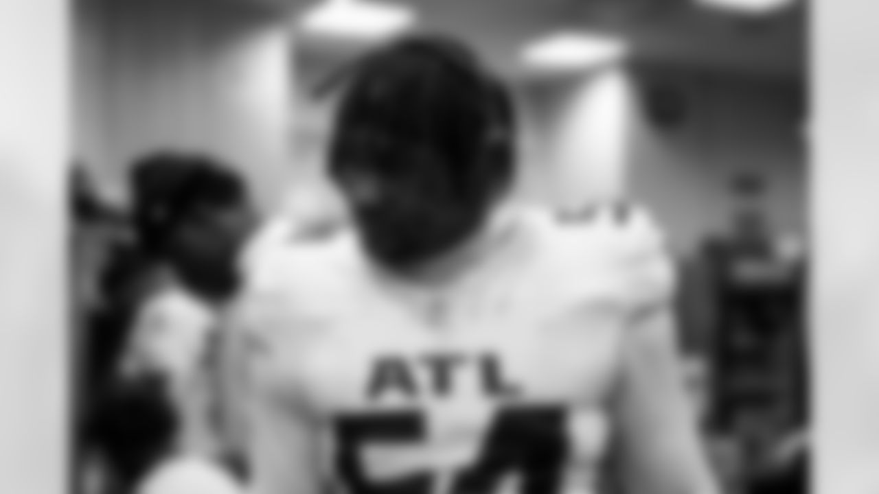 Atlanta Falcons defensive tackle Brandon Dorlus #54 in the locker room before the Week 13 Game against the New York Jets at Metlife Stadium in East Rutherford, New Jersey on Sunday, November 30, 2025. (Photo by Jay Bendlin/Atlanta Falcons)