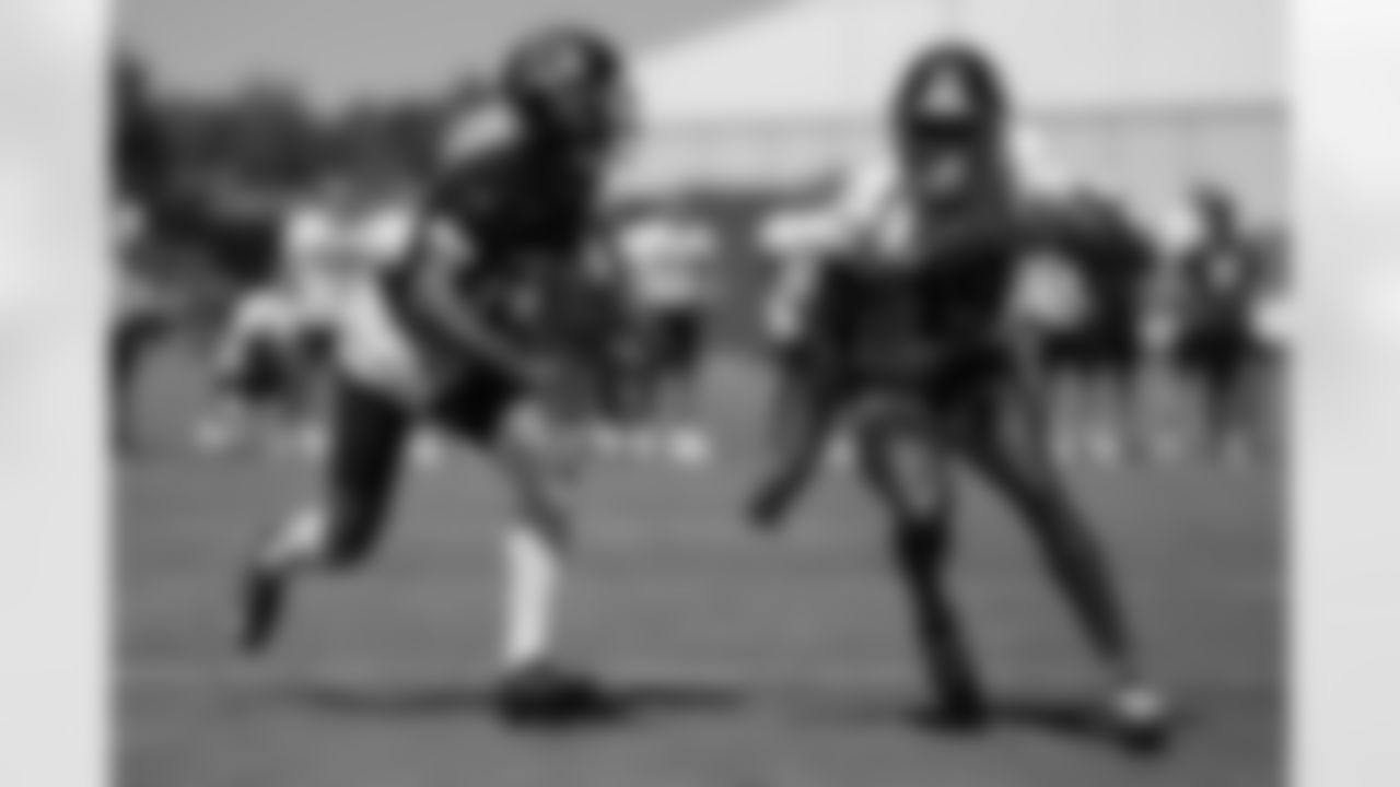 Atlanta Falcons cornerback A.J. Terrell #24 and Atlanta Falcons wide receiver Chris Blair #19 during practice at AT&T Training Camp at Atlanta Falcons Training Facility in Flowery Branch, Georgia, on Sunday, July 27, 2025. (Photo by Jay Bendlin/Atlanta Falcons)