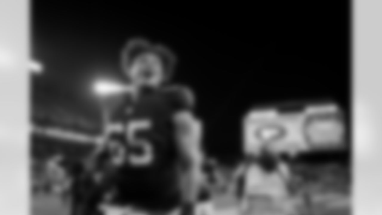 Atlanta Falcons offensive lineman Matthew Bergeron #65 celebrates during the Week 15 Game against the Tampa Bay Buccaneers at Raymond James Stadium in Tampa, Florida on Thursday, December 11, 2025. (Photo by Mitch Martin/Atlanta Falcons)