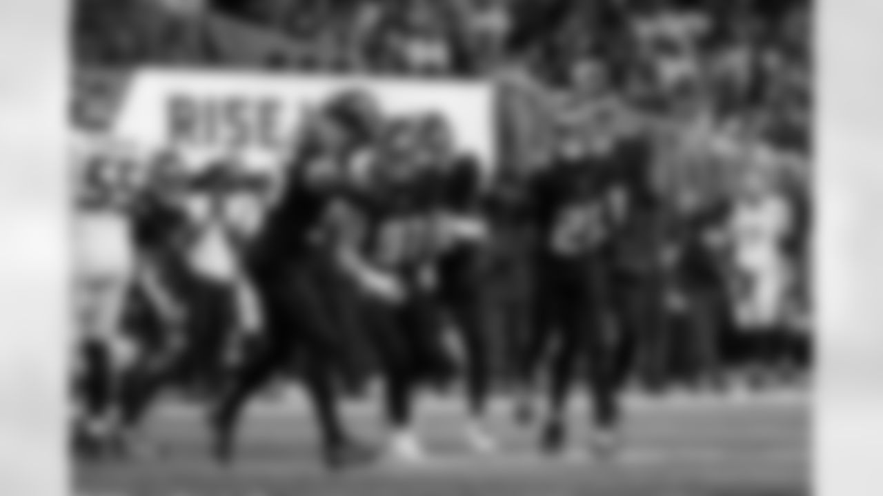 Atlanta Falcons cornerback Mike Hughes #21 after making an interception during the Week 14 Game against the Seattle Seahawks at Mercedes-Benz Stadium in Atlanta, Georgia on Sunday, December 7, 2025. (Photo by Mitch Martin/Atlanta Falcons)