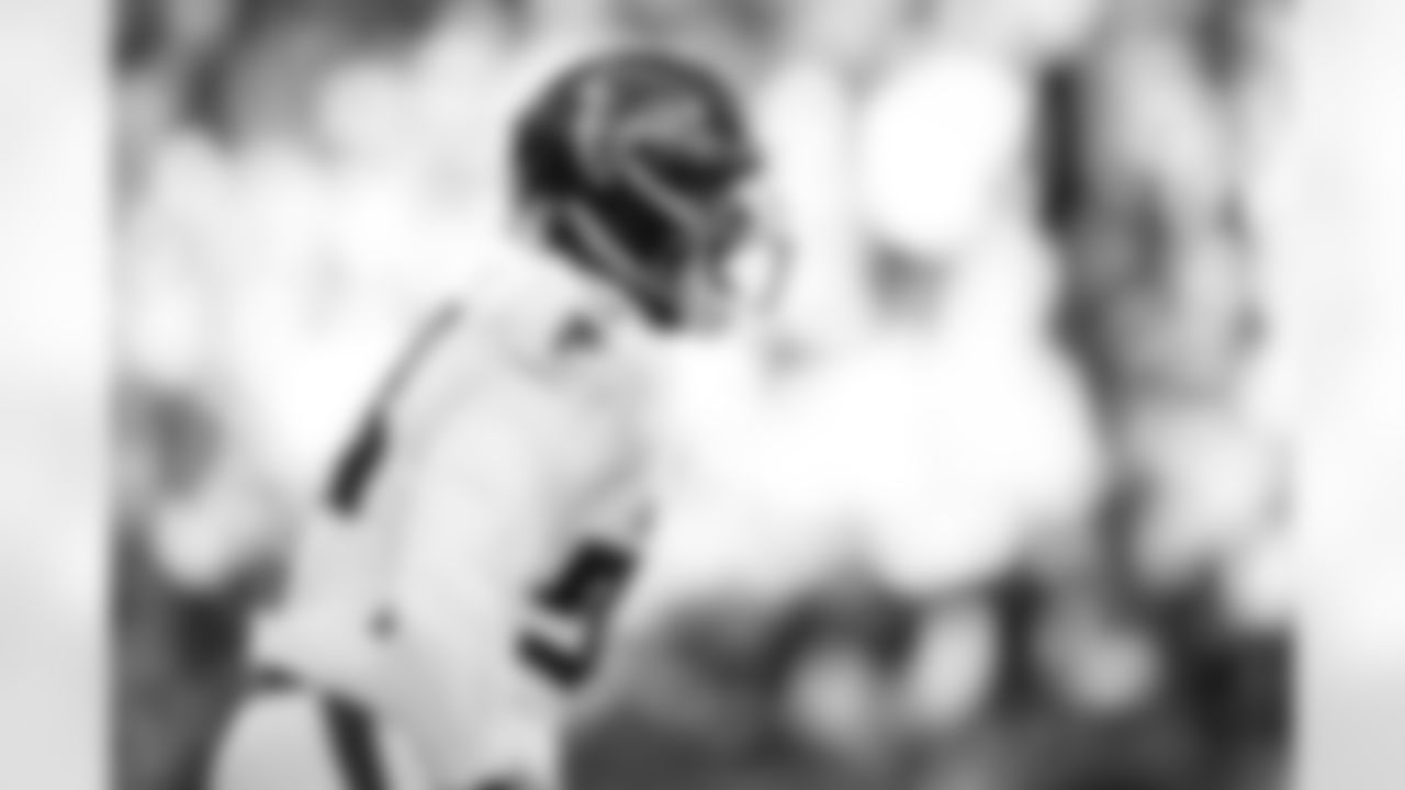 Atlanta Falcons defensive lineman Ruke Orhorhoro #98 reacts after a sack during the third quarter of the Week 9 Game against the New England Patriots at Gillette Stadium in Foxborough, Massachusetts on Sunday, November 2, 2025. (Photo by Taylor McLaughlin/Atlanta Falcons)