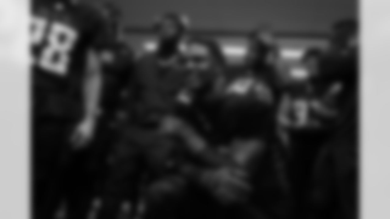 Atlanta Falcons edge rusher James Pearce Jr. #27 in the locker room after the Week 18 Game against the New Orleans Saints at Mercedes-Benz Stadium in Atlanta, Georgia on Sunday, January 4, 2026. (Photo by Jay Bendlin/Atlanta Falcons)