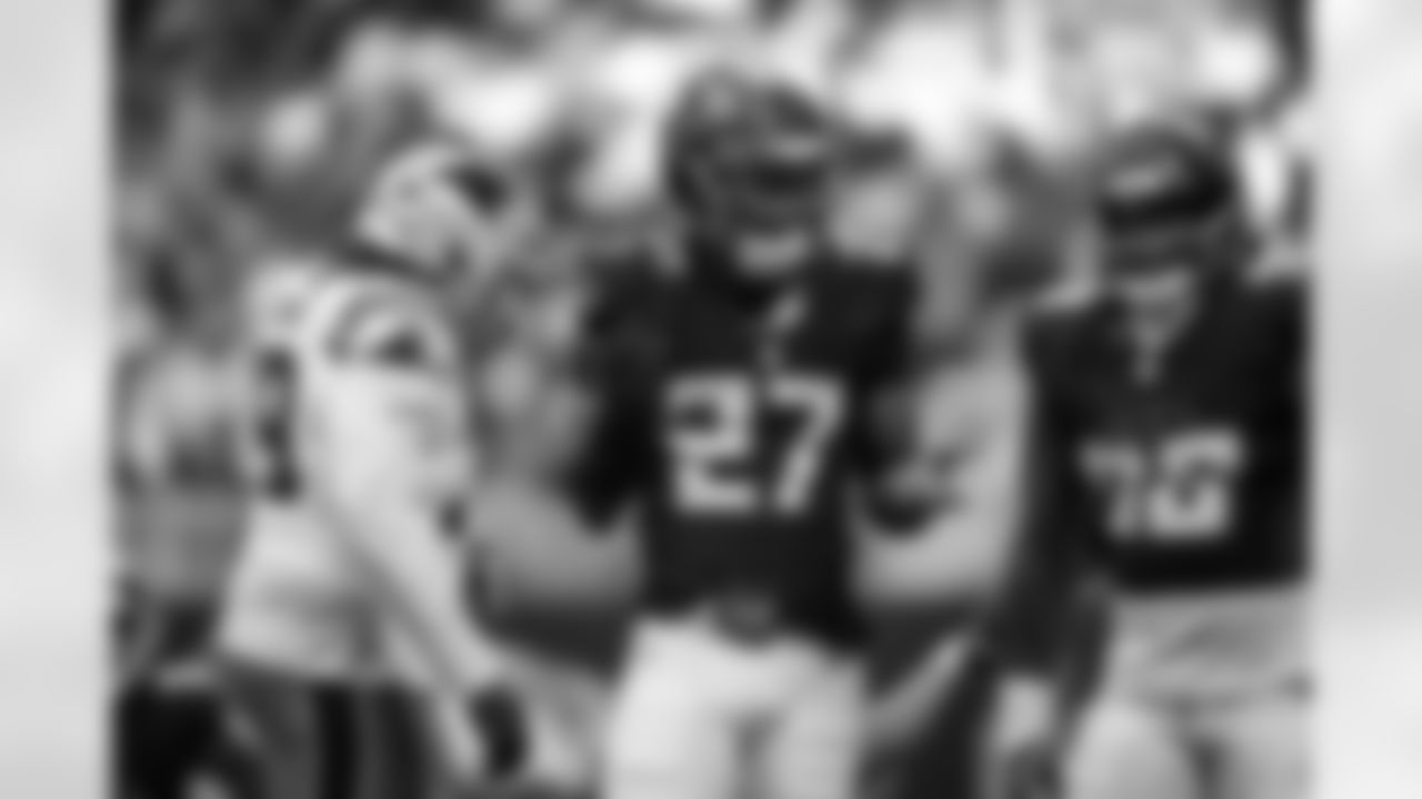 Atlanta Falcons edge rusher James Pearce Jr. #27 reacts during the Week 11 Game against the Carolina Panthers at Mercedes-Benz Stadium in Atlanta, Georgia on Sunday, November 16, 2025. (Photo by Jay Bendlin/Atlanta Falcons)