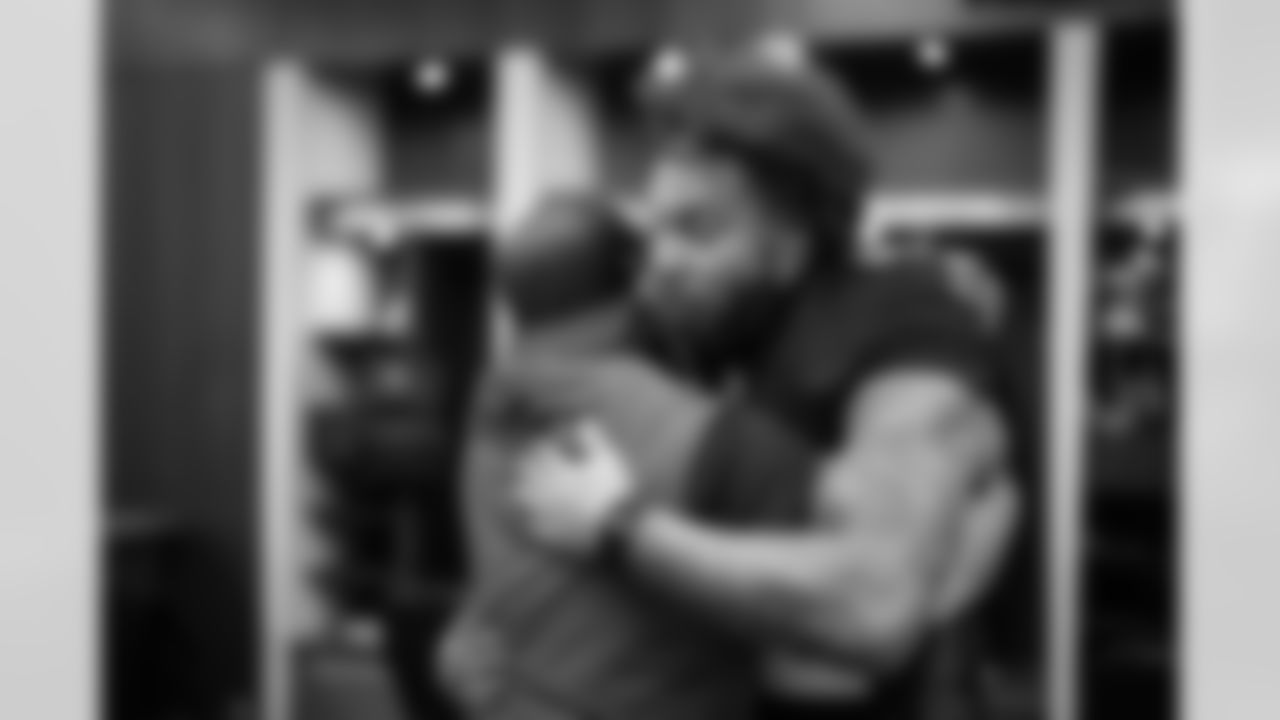 Atlanta Falcons linebacker Josh Woods #42 in the locker room before the Week 14 Game against the Seattle Seahawks at Mercedes-Benz Stadium in Atlanta, Georgia on Sunday, December 7, 2025. (Photo by Jay Bendlin/Atlanta Falcons)