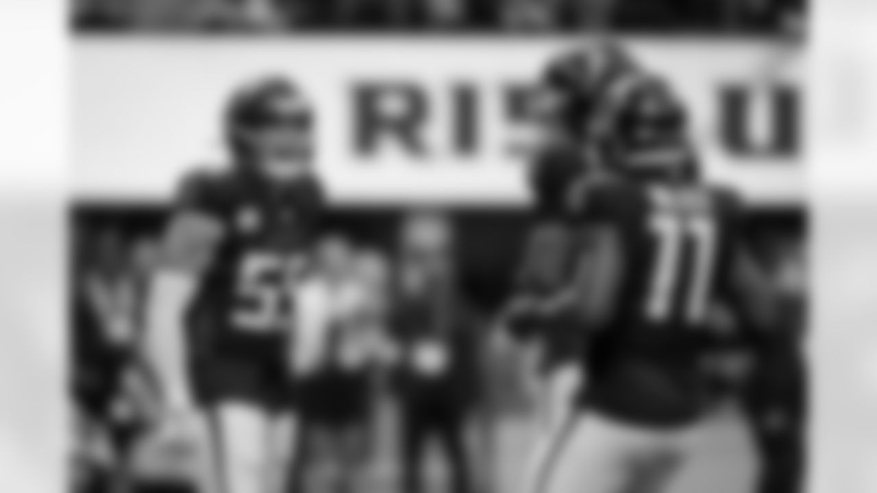 Atlanta Falcons inside linebacker Kaden Elliss #55 reacts during the Week 11 Game against the Carolina Panthers at Mercedes-Benz Stadium in Atlanta, Georgia on Sunday, November 16, 2025. (Photo by Taylor McLaughlin/Atlanta Falcons)