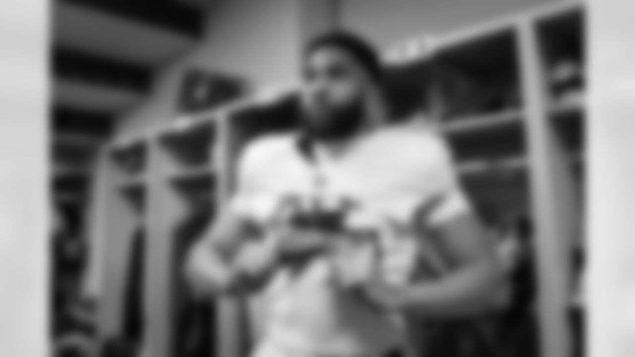 Atlanta Falcons wide receiver KhaDarel Hodge #4 prepares in the locker room before the Week 10 Game against the Indianapolis Colts at Olympic Stadium in Berlin, Germany on Sunday, November 9, 2025. (Photo by Jay Bendlin/Atlanta Falcons)