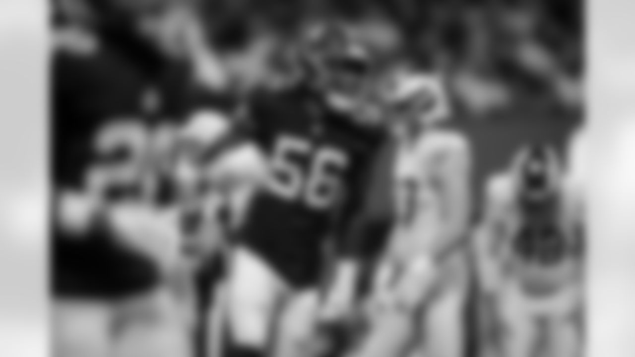 Atlanta Falcons edge rusher Leonard Floyd #56 reacts after the sack during the Week 17 Game against the Los Angeles Rams at Mercedes-Benz Stadium in Atlanta, Georgia on Monday, December 29, 2025. (Photo by Jay Bendlin/Atlanta Falcons)