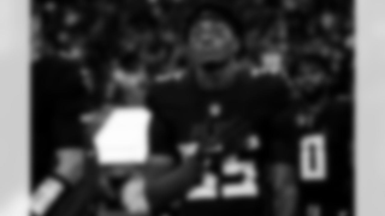 Atlanta Falcons cornerback Natrone Brooks #35 during the National Anthem before the Week 14 Game against the Seattle Seahawks at Mercedes-Benz Stadium in Atlanta, Georgia on Sunday, December 7, 2025. (Photo by Ken Griffey Jr./Atlanta Falcons)