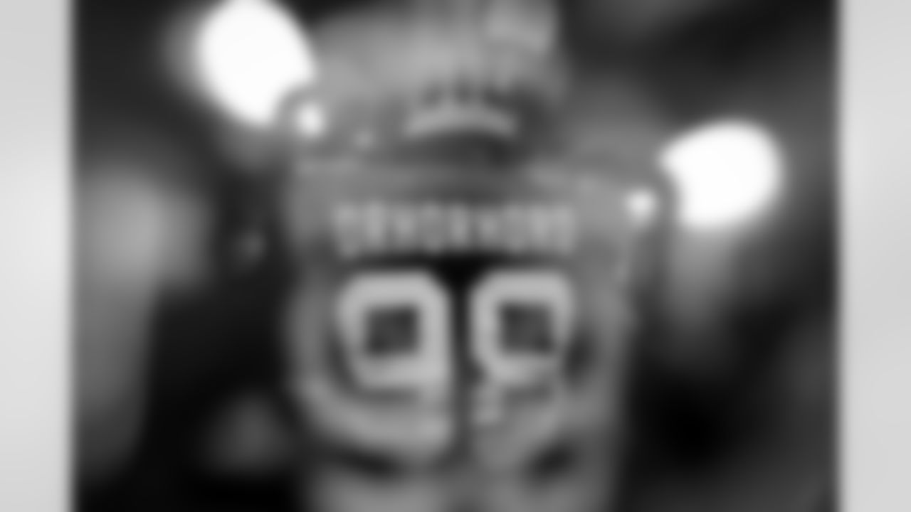 Atlanta Falcons defensive lineman Ruke Orhorhoro #98 prepares in the locker room before the Week 17 Game against the Los Angeles Rams at Mercedes-Benz Stadium in Atlanta, Georgia on Monday, December 29, 2025. (Photo by Jay Bendlin/Atlanta Falcons)