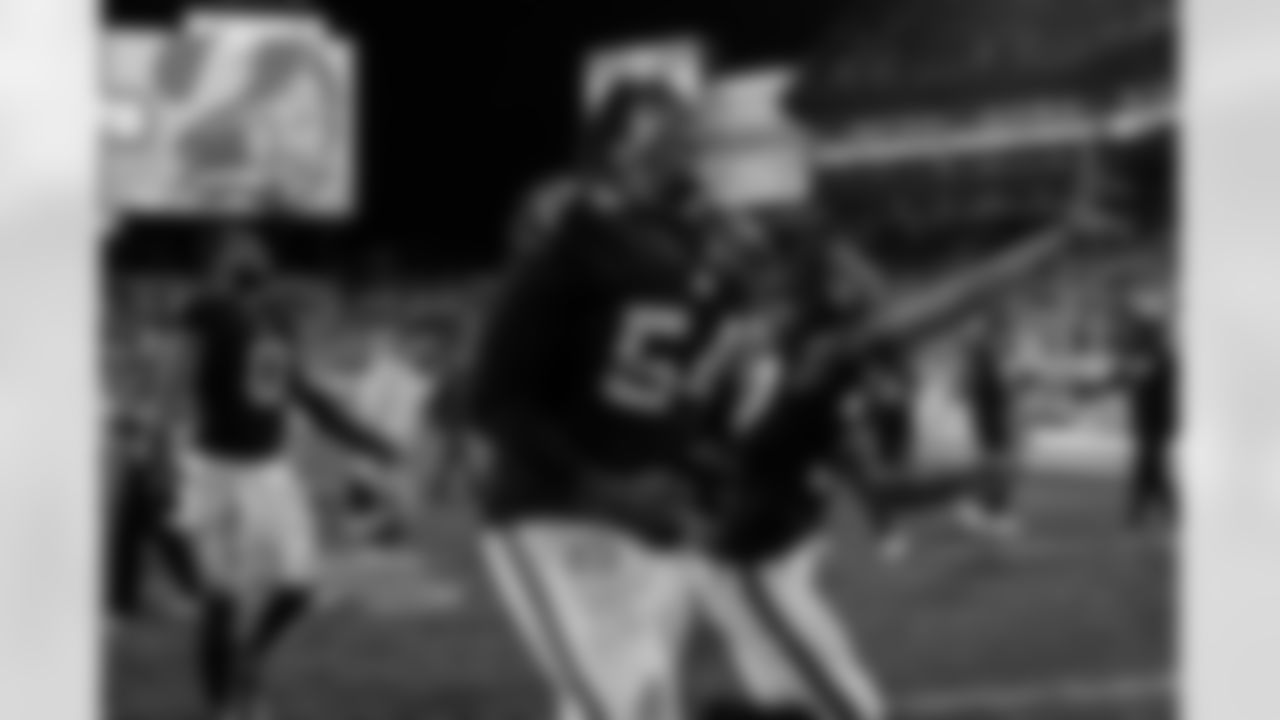 Atlanta Falcons defensive tackle Brandon Dorlus #54 celebrates during the Week 15 Game against the Tampa Bay Buccaneers at Raymond James Stadium in Tampa, Florida on Thursday, December 11, 2025. (Photo by Taylor McLaughlin/Atlanta Falcons)