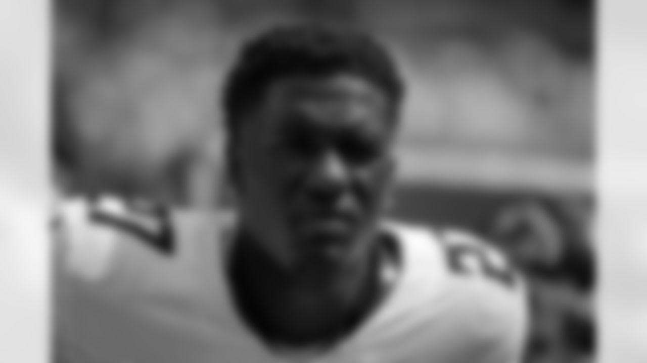 Atlanta Falcons edge rusher James Pearce Jr. #27 prior to the Week 3 Game against the Carolina Panthers at Bank of America Stadium in Charlotte, North Carolina on Sunday, September 21, 2025. (Photo by Joshua Lavallee/Atlanta Falcons)