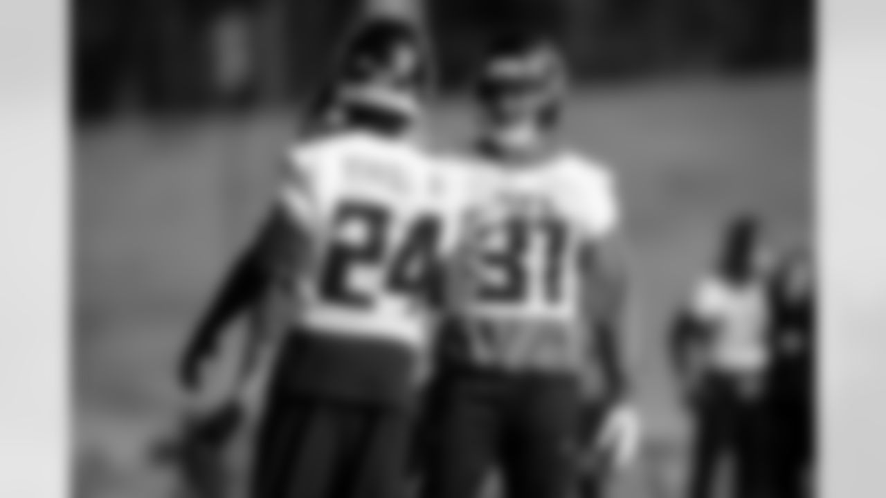 Atlanta Falcons cornerback A.J. Terrell Jr. #24 and Atlanta Falcons safety Xavier Watts #31 during practice at Atlanta Falcons Training Facility in Flowery Branch, Georgia, on Wednesday, December 3, 2025. (Photo by Jay Bendlin/Atlanta Falcons)